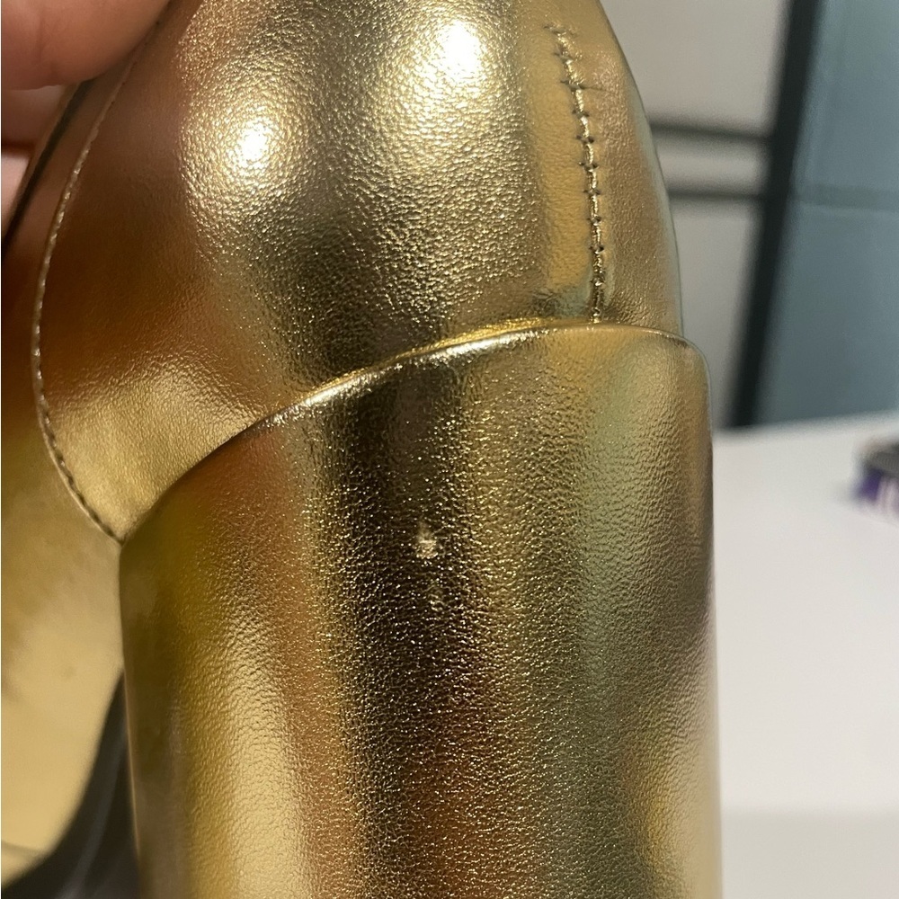 Women's Size 8 Franco Sarto Miri Loafer Gold Block High Heel Pump Shoes - Picture 4 of 12